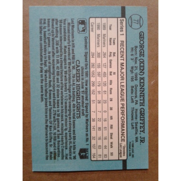 KEN GRIFFEY JR 1991 OUTFIELD DONRUSS 77 BASEBALL Error Card No Dot INC Griffy - Picture 4 of 5